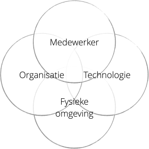 Venn-diagram met 4 bollen: medewerker, organisatie, technologie en fysieke omgeving